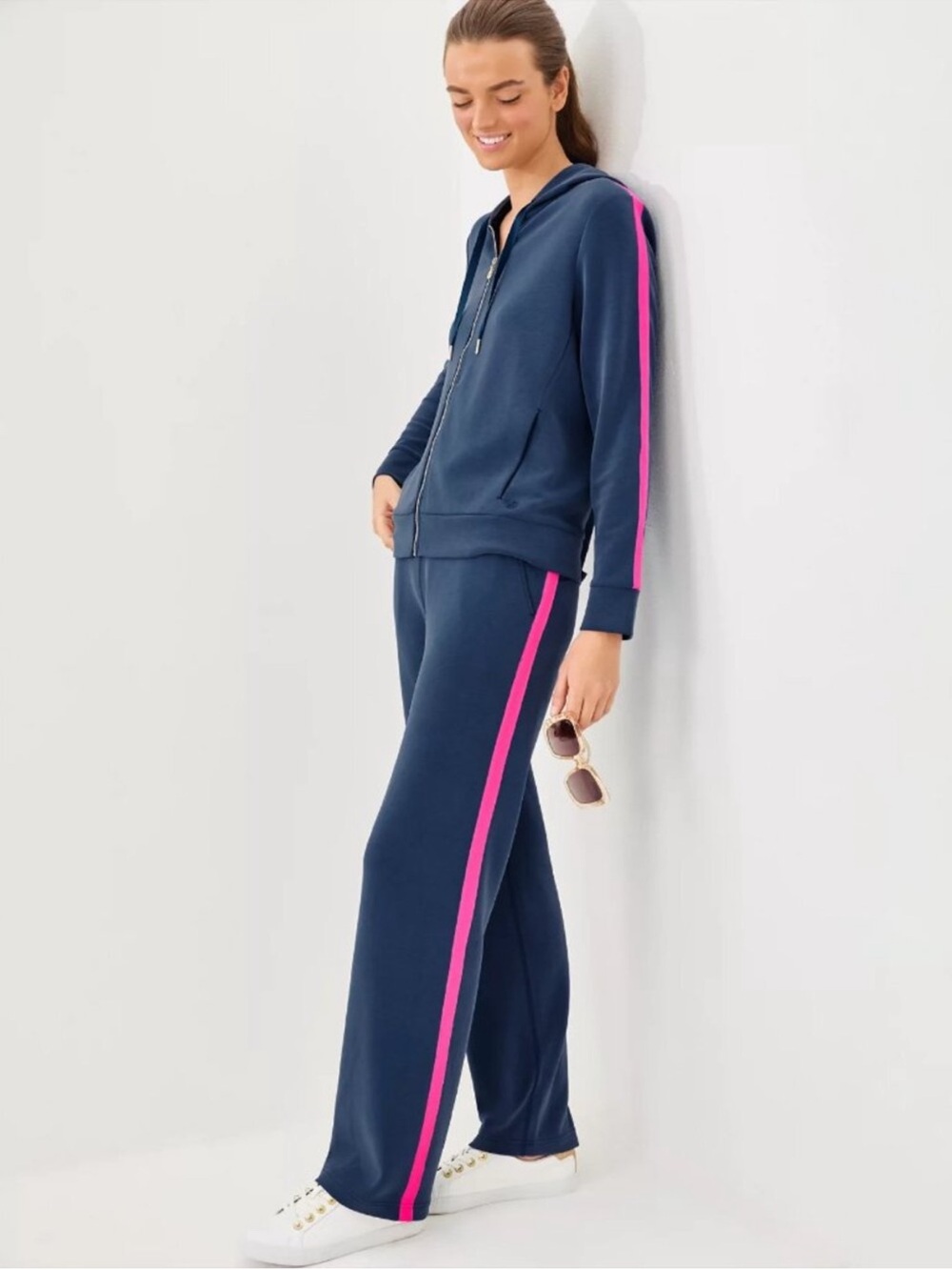 Lilly Pulitzer Navy Track Pants with Pink Side Stripe